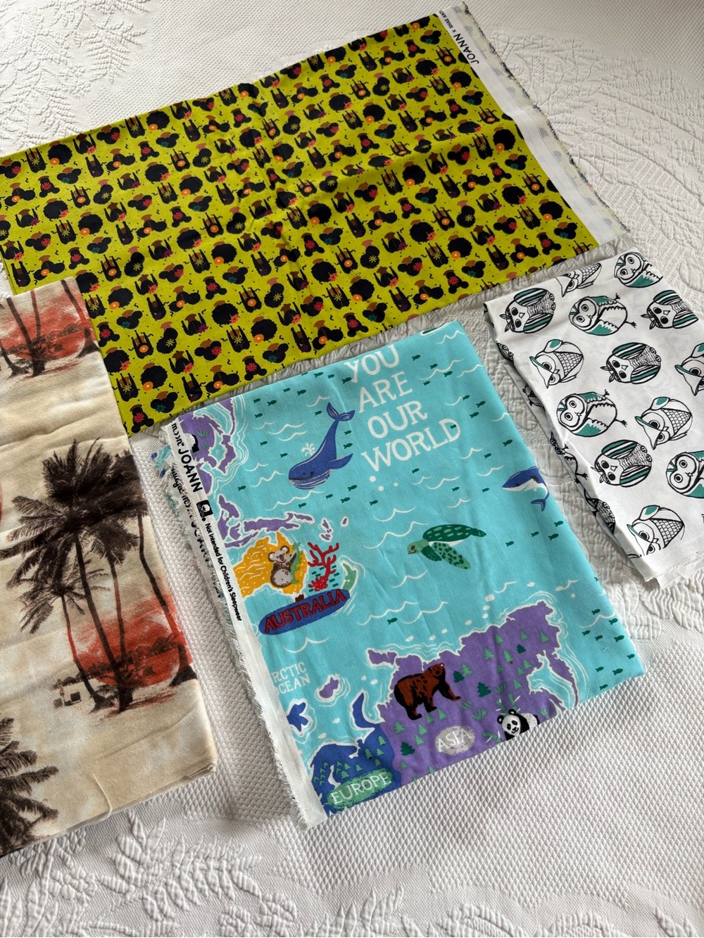 4+ yards Fabric lot new condition novelty prints Joann owl, world, shae Anthony